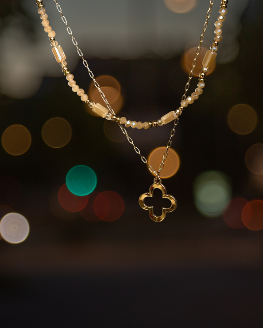 Layered Clover Pendant Necklace (gold toned & beige pearlescent)