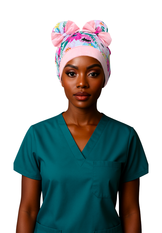 Midday Bloom ScruBunz– Featuring Soft Pink Floral Scrub Cap for Nurses with Fuchsia Watercolor Flowers and Leaves