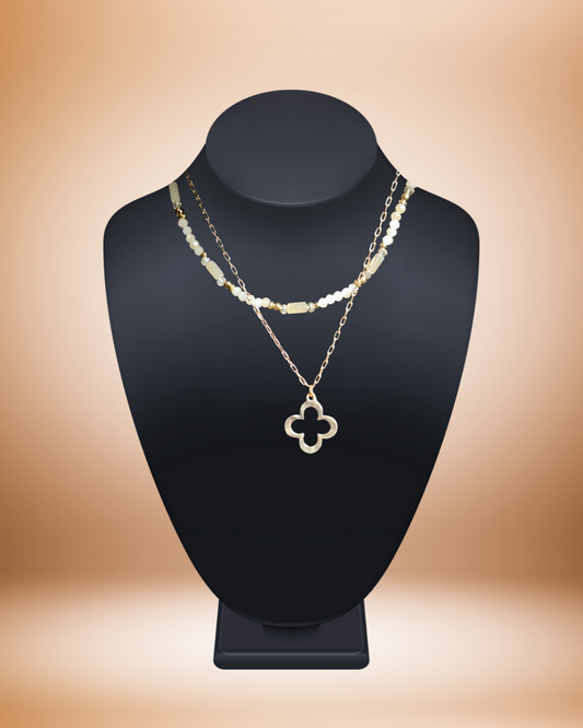 Layered Clover Pendant Necklace (gold toned & white pearlescent)