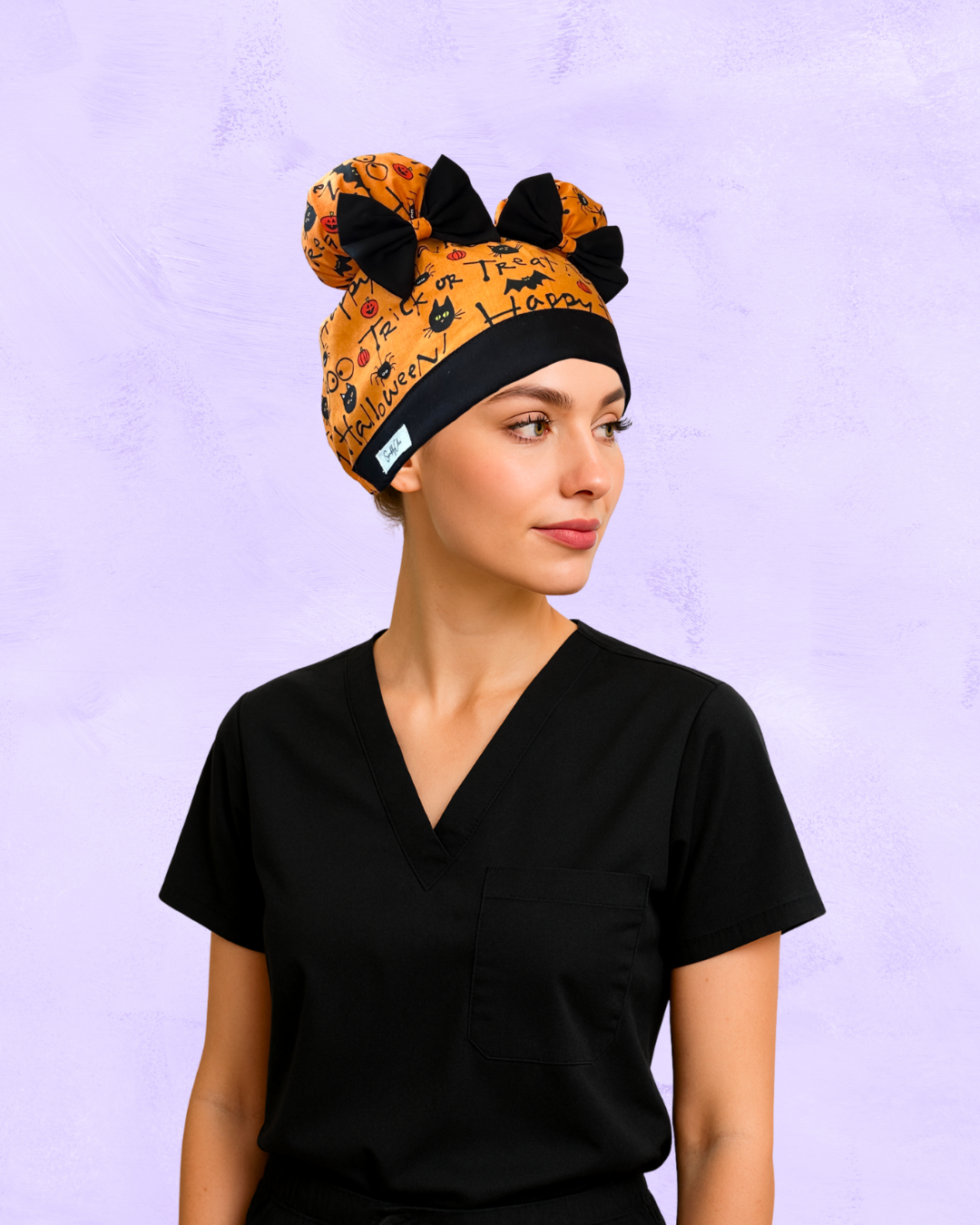 HalloQueen ScruBunz – Featuring Playful Pumpkins & Halloween Lettering Scrub Cap for Nurses with Orange & Black Accents