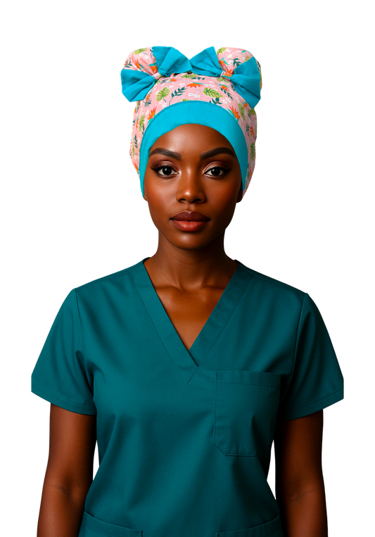 Peachy Paradise ScruBunz – Featuring Tropical Floral Scrub Cap for Nurses with Colorful Palm Leaves and a Coral Backgound