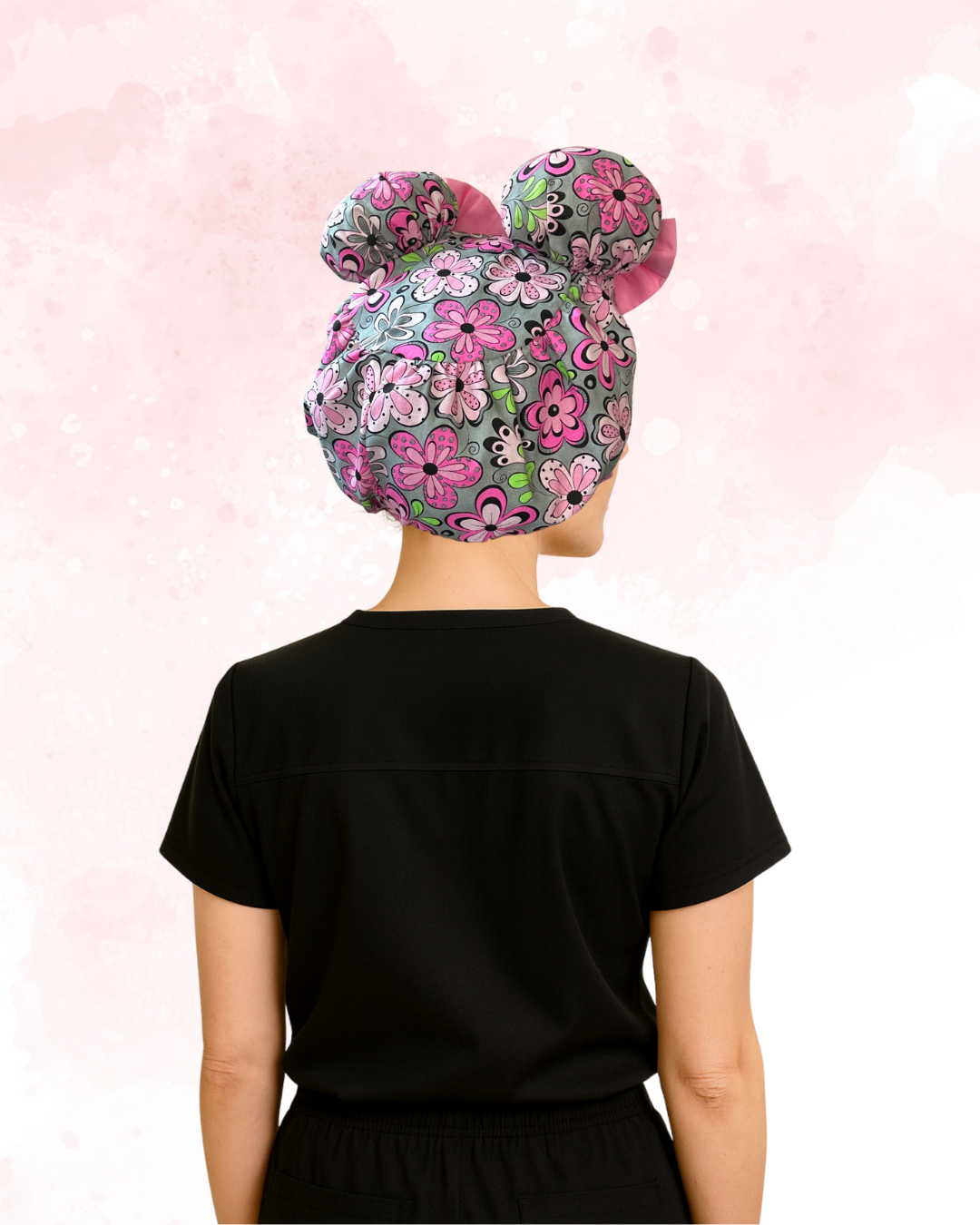 Flower Power ScruBunz – Featuring Pretty Pink Floral Scrub Cap for Nurses with Soft Gray Bakground