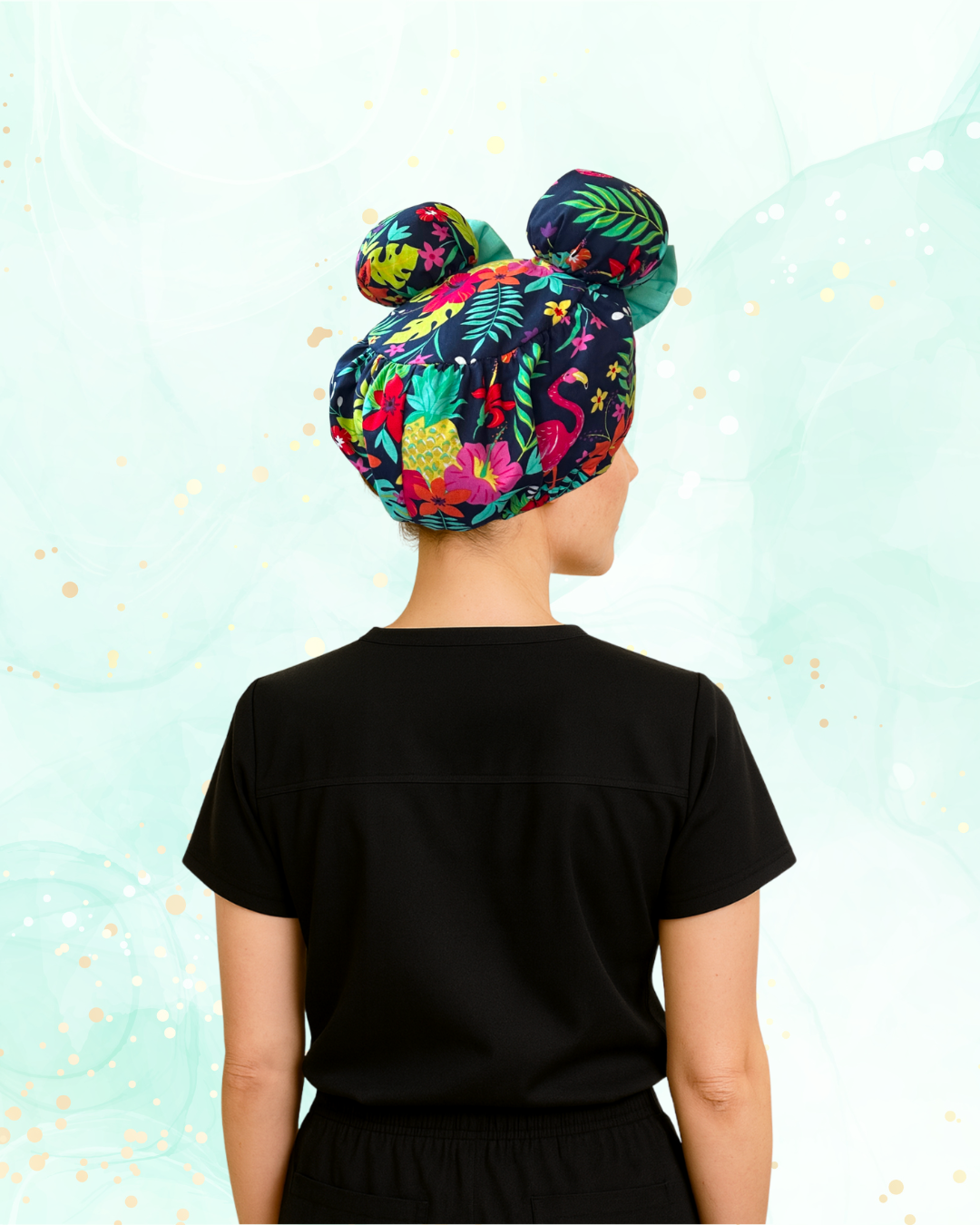Flamingo Fiesta ScruBunz – Featuring Bright Flamingos & Pineapples Scrub Cap for Nurses with Jungle Leaves and Navy Background