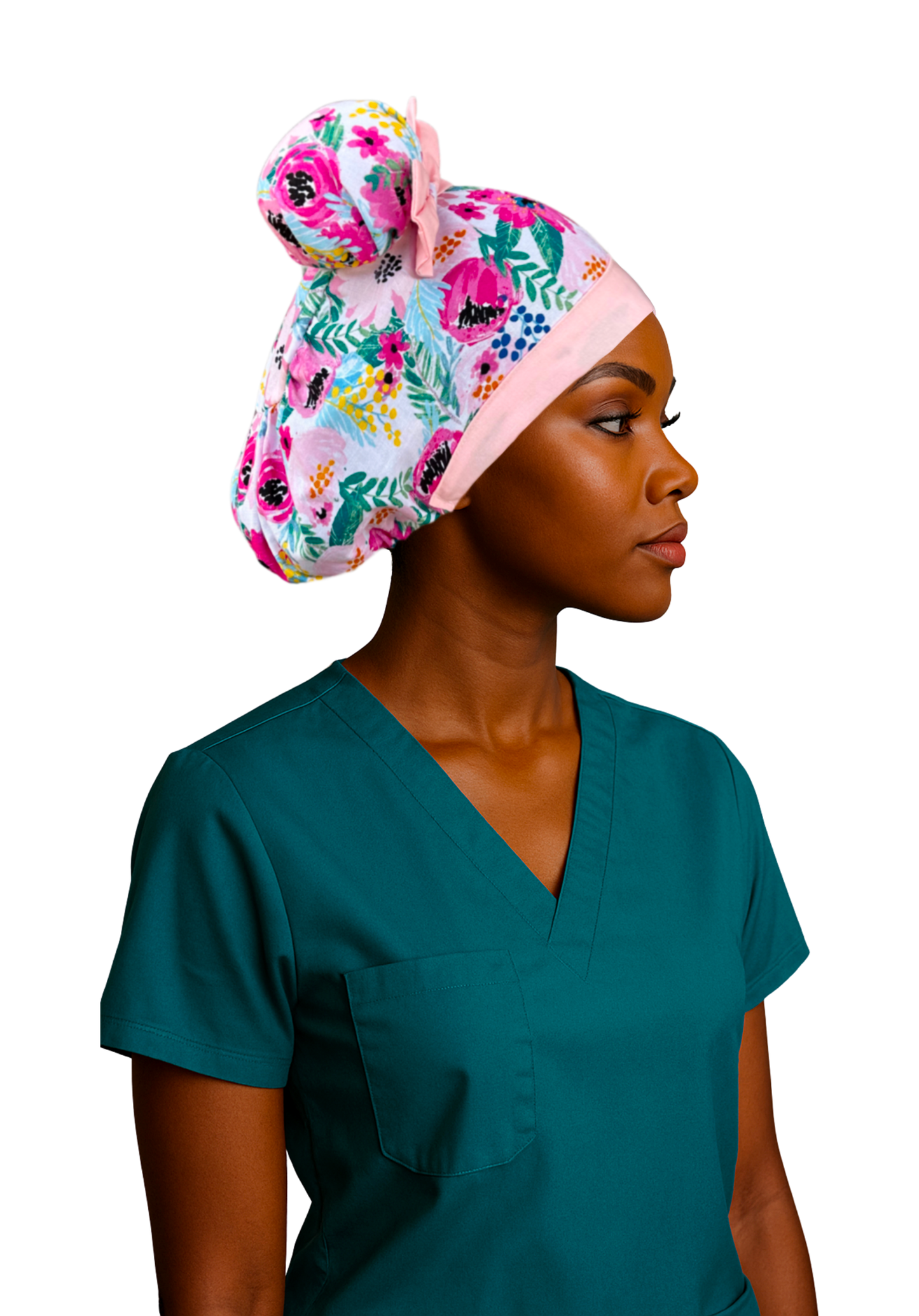 Midday Bloom ScruBunz– Featuring Soft Pink Floral Scrub Cap for Nurses with Fuchsia Watercolor Flowers and Leaves