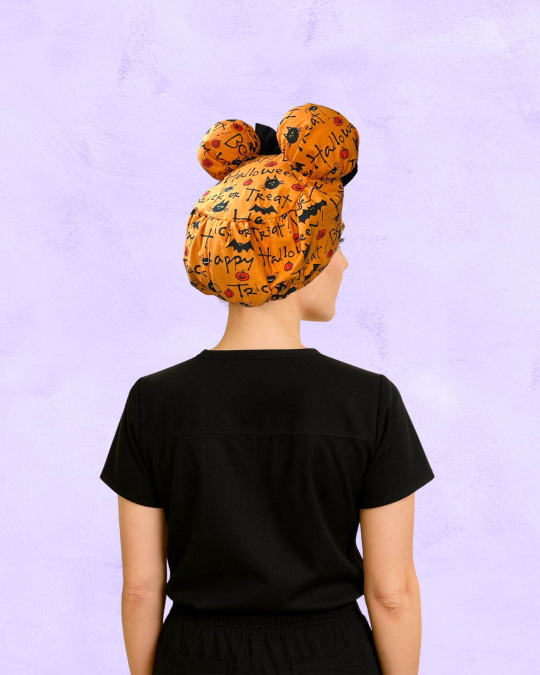 HalloQueen ScruBunz – Featuring Playful Pumpkins & Halloween Lettering Scrub Cap for Nurses with Orange & Black Accents