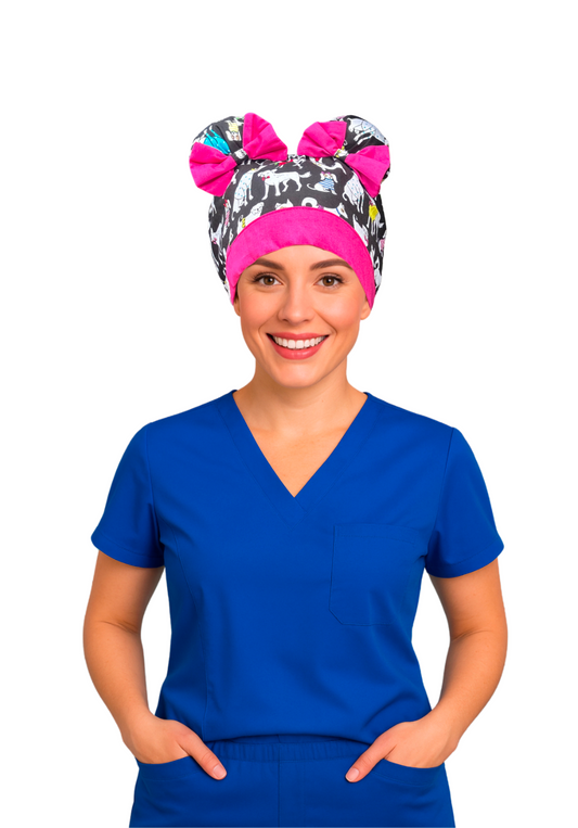 Puppy Chic ScruBunz – Featuring Adorable Dogs Scrub Cap for Nurses with Colorful Apparel and Black Background