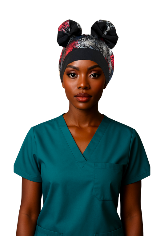 Fireworks ScruBunz – Featuring Bold Fireworks Scrub Cap for Nurses with Metallic Red White and Blue Fire Crackers on a Black Background