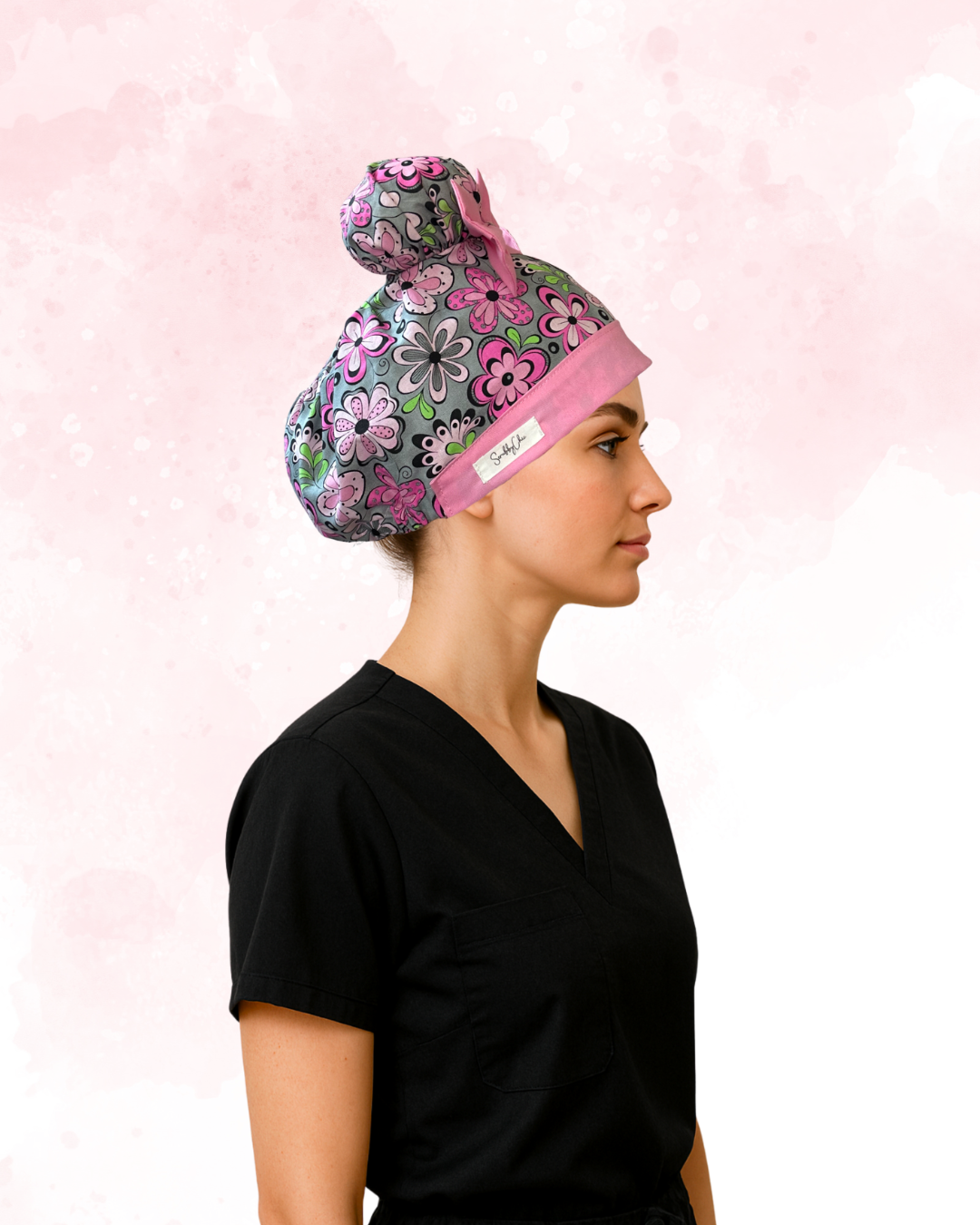Flower Power ScruBunz – Featuring Pretty Pink Floral Scrub Cap for Nurses with Soft Gray Bakground