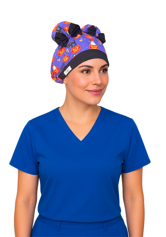 Happy Pumpkins ScruBunz - featuring Halloween Black Cats & Pumpkins on purple background