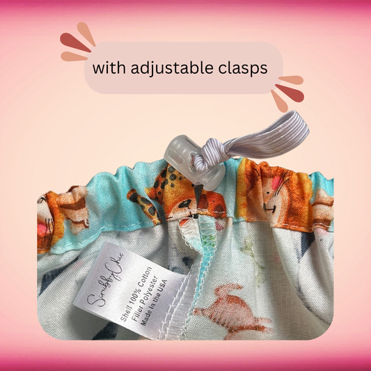 Close-up of scrub cap toggle clasp and elastic band for adjustable fit