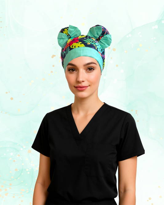Flamingo Fiesta ScruBunz – Featuring Bright Flamingos & Pineapples Scrub Cap for Nurses with Jungle Leaves and Navy Background