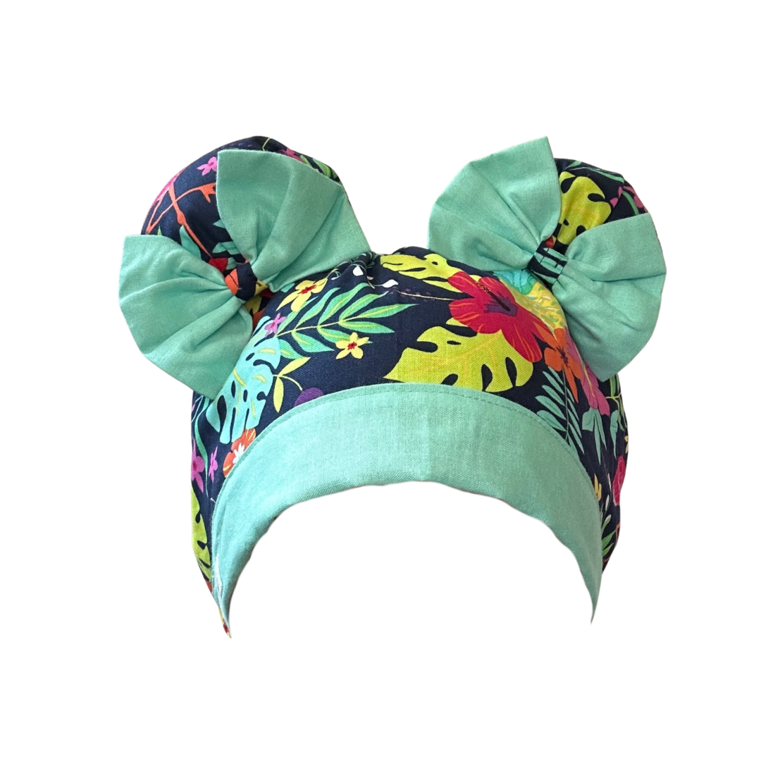 Flamingo Fiesta ScruBunz – Featuring Bright Flamingos & Pineapples Scrub Cap for Nurses with Jungle Leaves and Navy Background