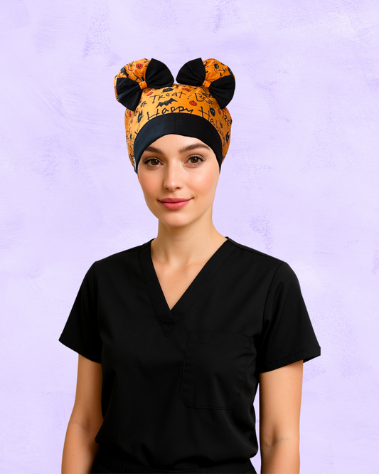 HalloQueen ScruBunz – Featuring Playful Pumpkins & Halloween Lettering Scrub Cap for Nurses with Orange & Black Accents