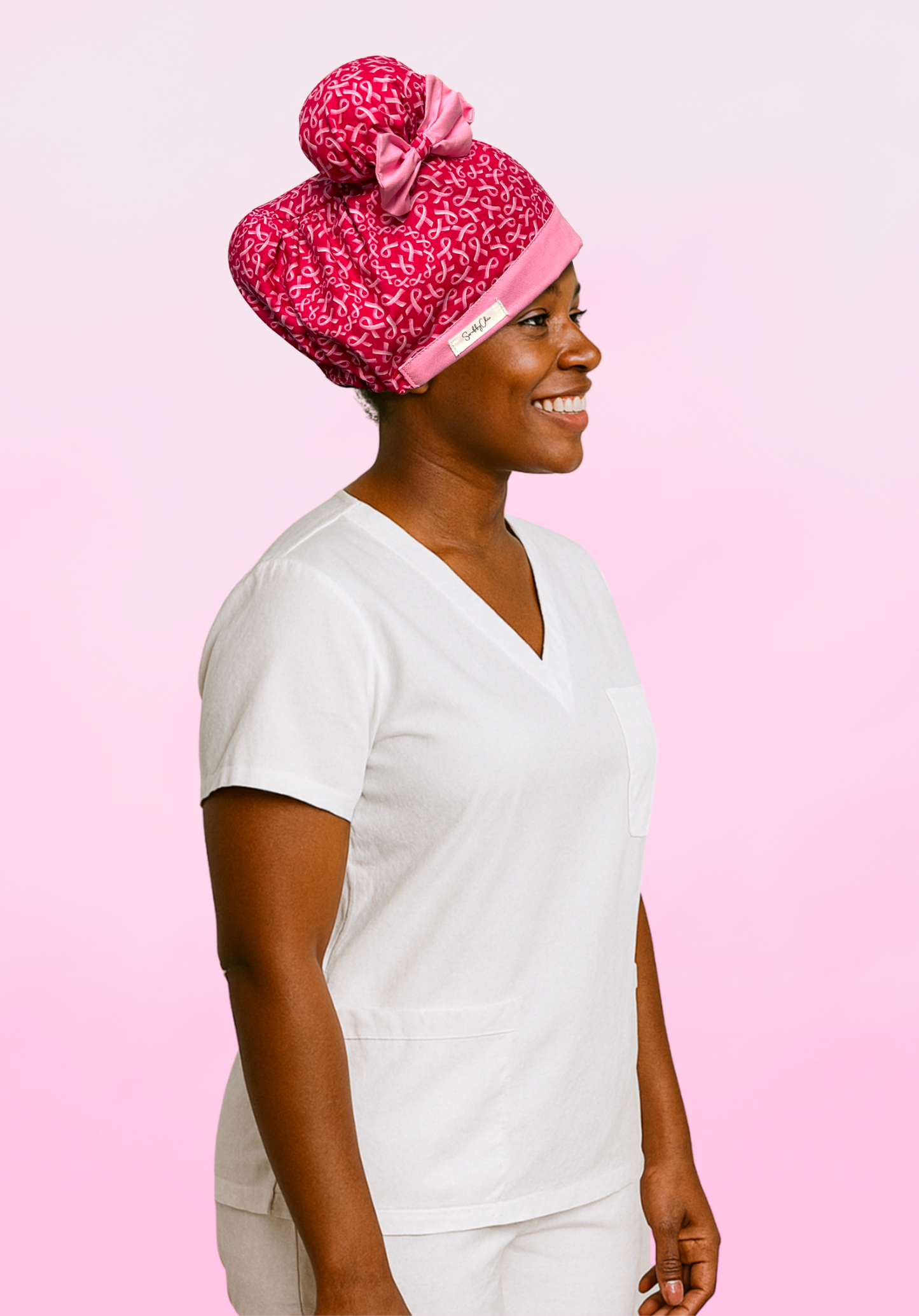 Fight Like a Girl ScruBunz – Breast Cancer Awareness Scrub Cap for Nurses Featuring Pink Ribbon Print & Soft Pink Trim