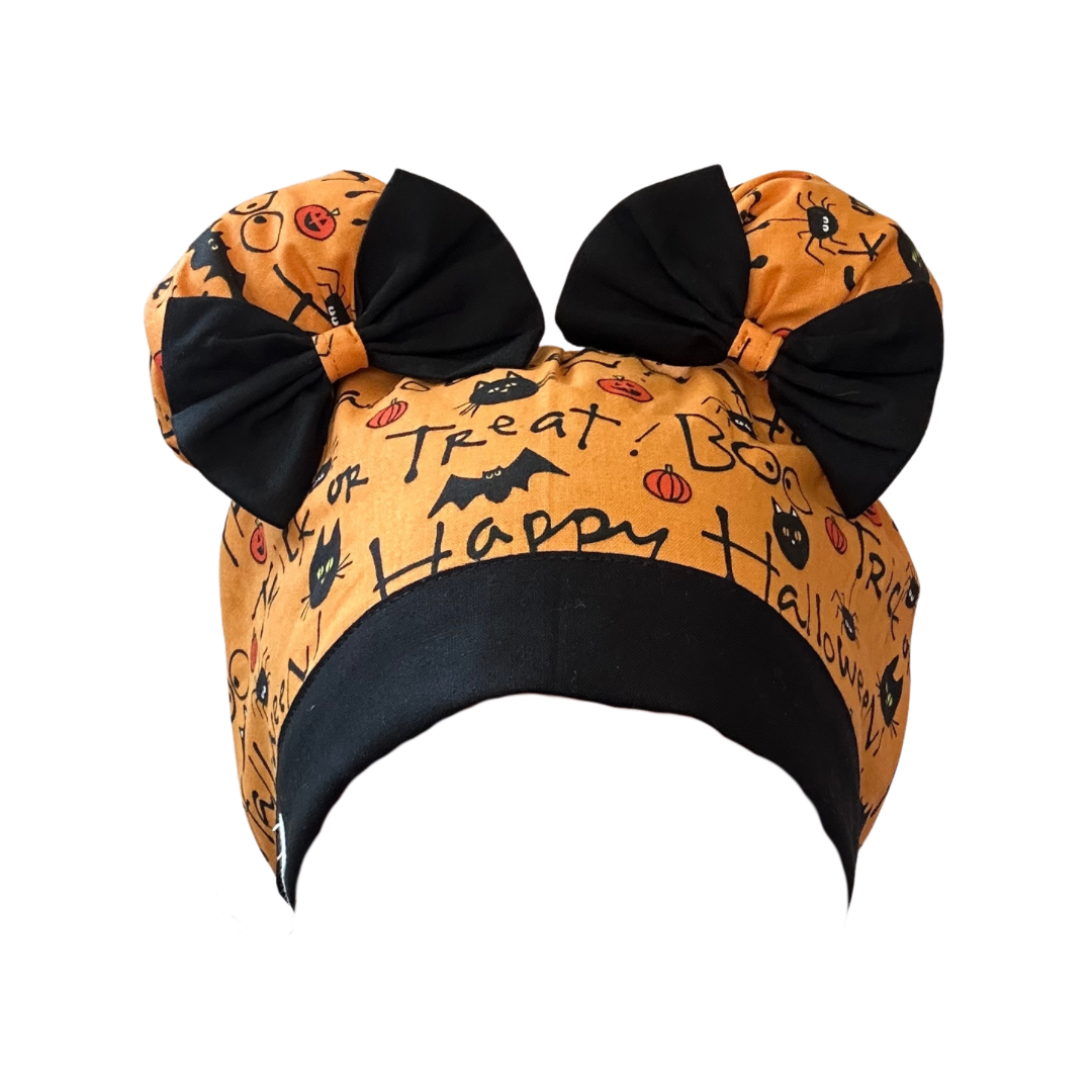 HalloQueen ScruBunz – Featuring Playful Pumpkins & Halloween Lettering Scrub Cap for Nurses with Orange & Black Accents