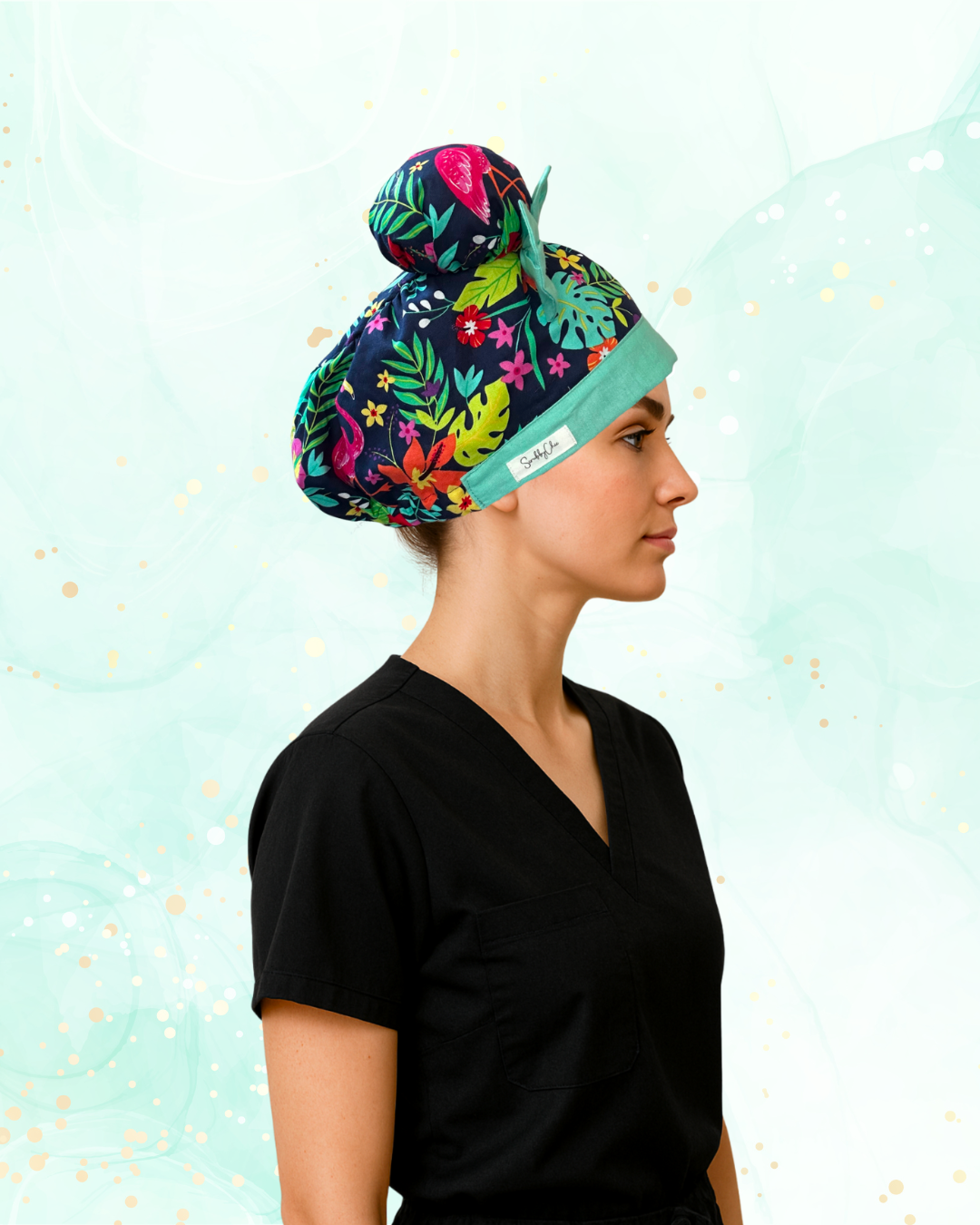 Flamingo Fiesta ScruBunz – Featuring Bright Flamingos & Pineapples Scrub Cap for Nurses with Jungle Leaves and Navy Background