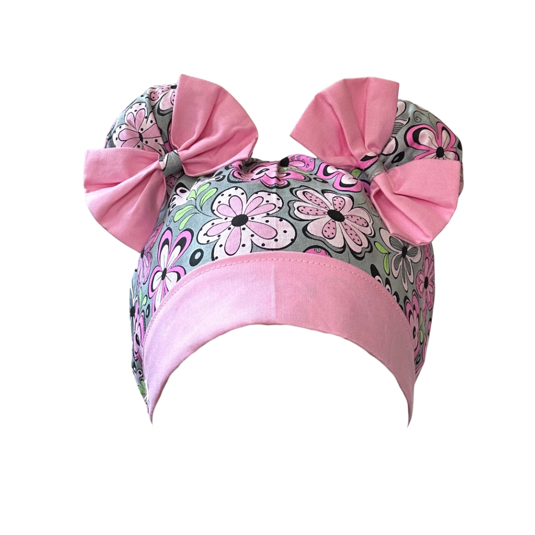 Flower Power ScruBunz – Featuring Pretty Pink Floral Scrub Cap for Nurses with Soft Gray Bakground