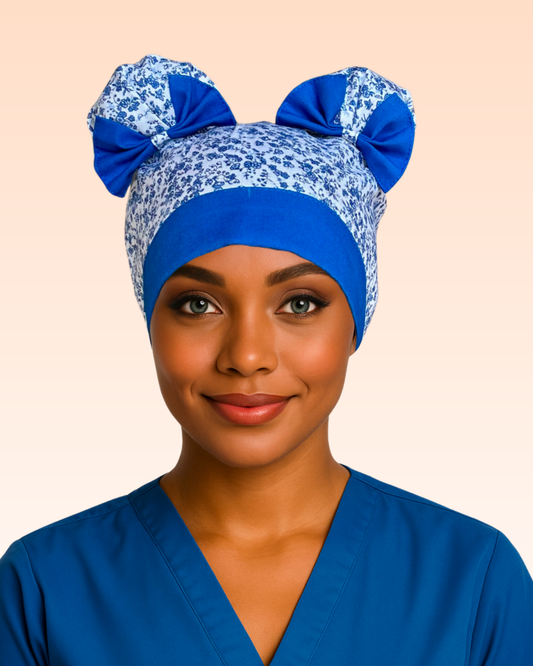 Blue Butterfly ScruBunz - featuing blue butterflies & Delicate florals on white background