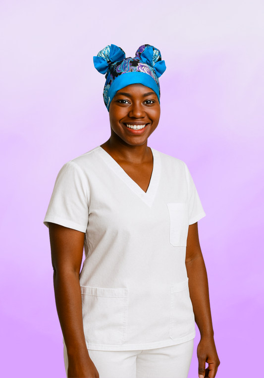 Blue Cotton Paisley ScruBunz - featuring purple & blue flowers on black background