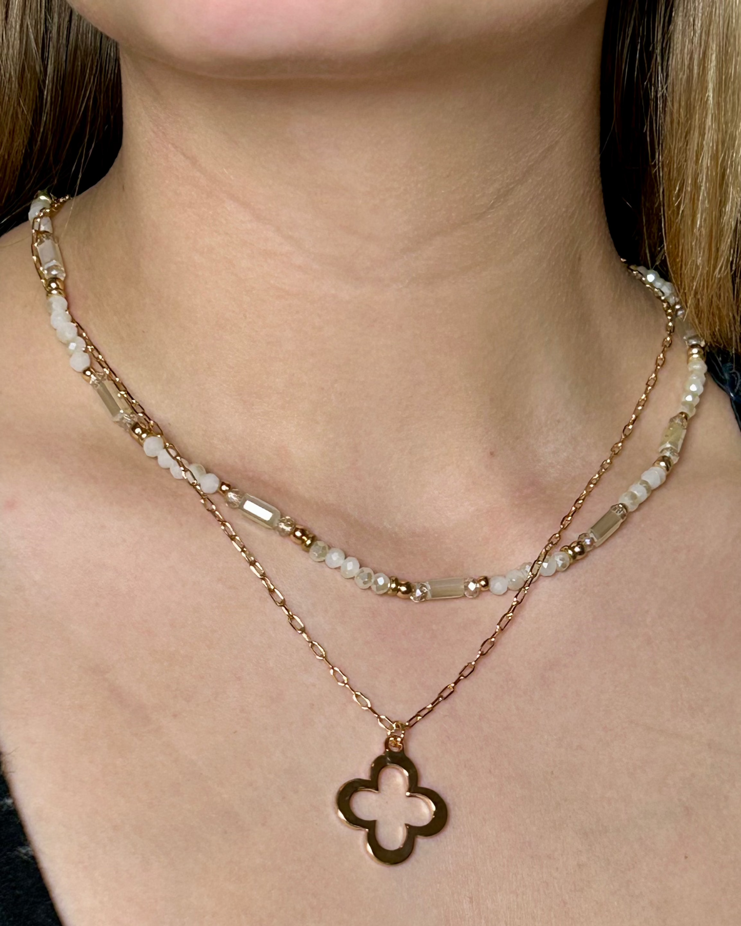 Layered Clover Pendant Necklace (gold toned & white pearlescent)