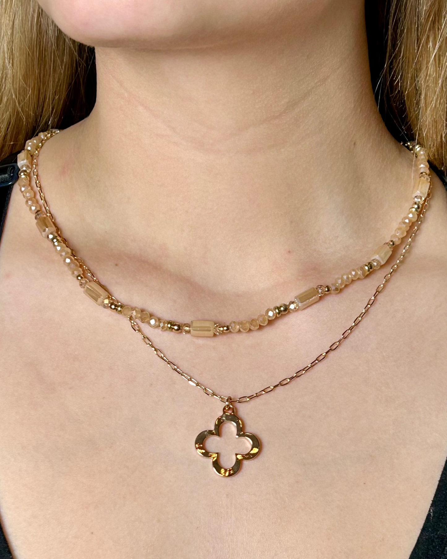 Layered Clover Pendant Necklace (gold toned & beige pearlescent)