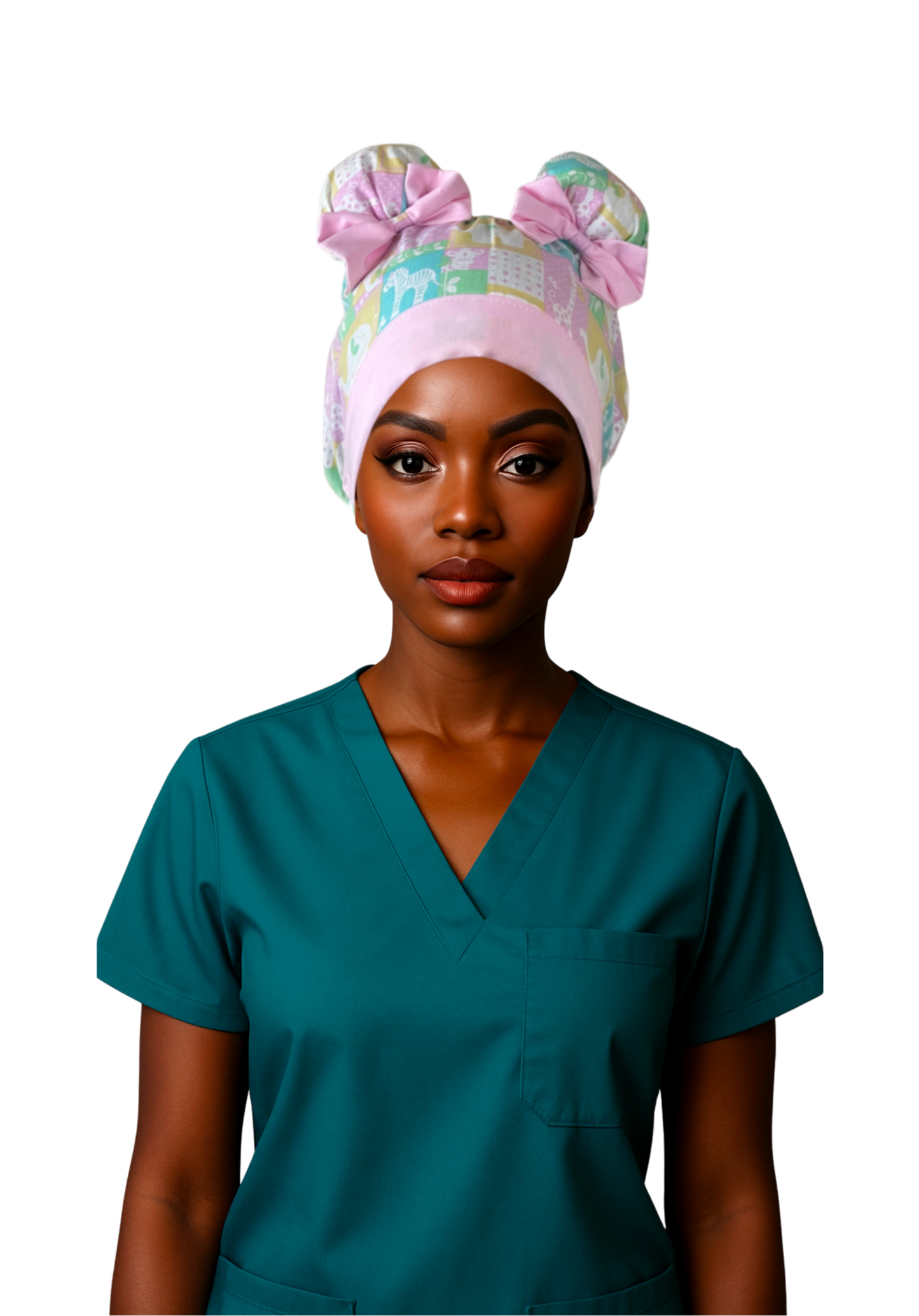 Noahs Ark ScruBunz – Featuring Pastel Color Blocks Scrub Cap with Space Buns for Nurses with Baby Animals - Perfect for L&D or Mother Baby