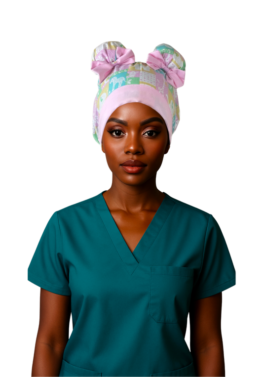 Noahs Ark ScruBunz – Featuring Pastel Color Blocks Scrub Cap with Space Buns for Nurses with Baby Animals - Perfect for L&D or Mother Baby