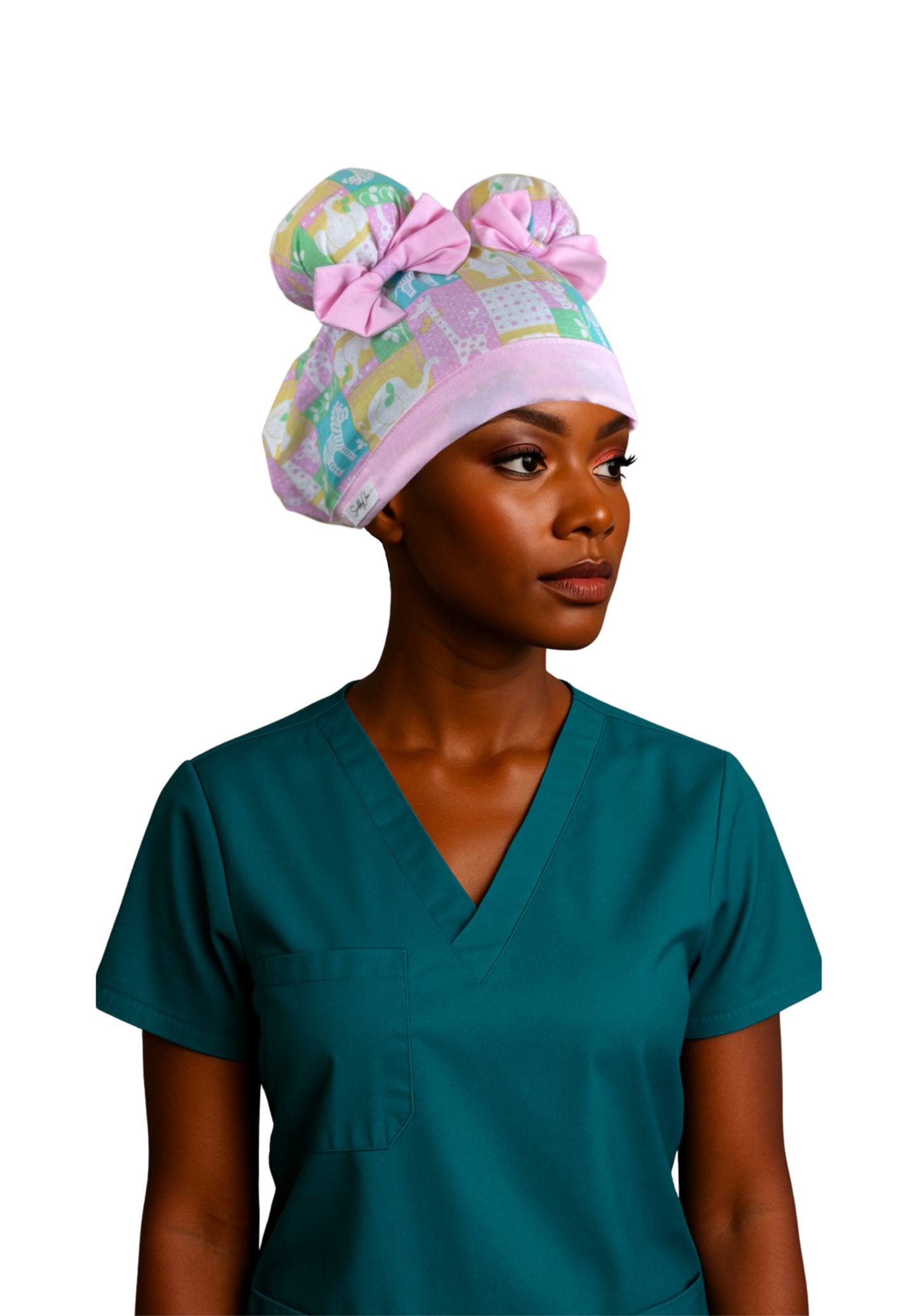Noahs Ark ScruBunz – Featuring Pastel Color Blocks Scrub Cap with Space Buns for Nurses with Baby Animals - Perfect for L&D or Mother Baby