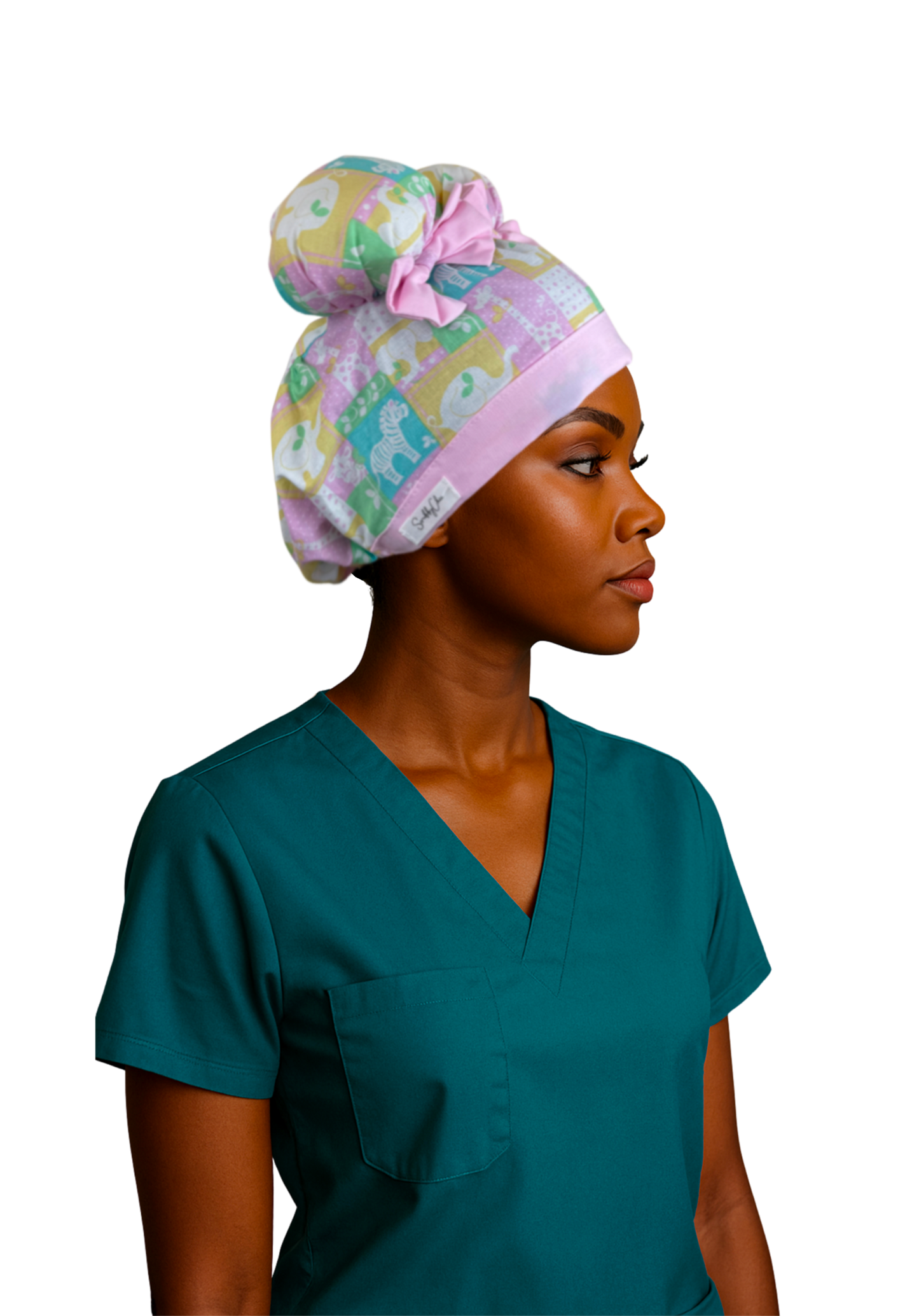 Noahs Ark ScruBunz – Featuring Pastel Color Blocks Scrub Cap with Space Buns for Nurses with Baby Animals - Perfect for L&D or Mother Baby
