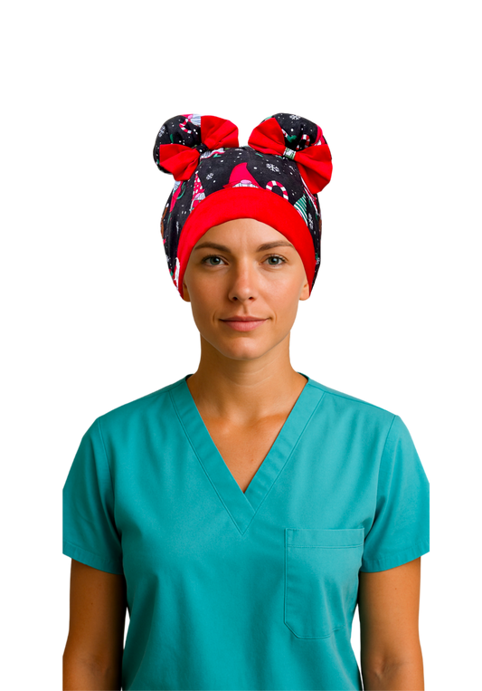 Gnome for the Holidays ScruBunz – Featuring Christmas Vibes Scrub Cap for Nurses with Cute Holiday Gnomes and Snowflakes