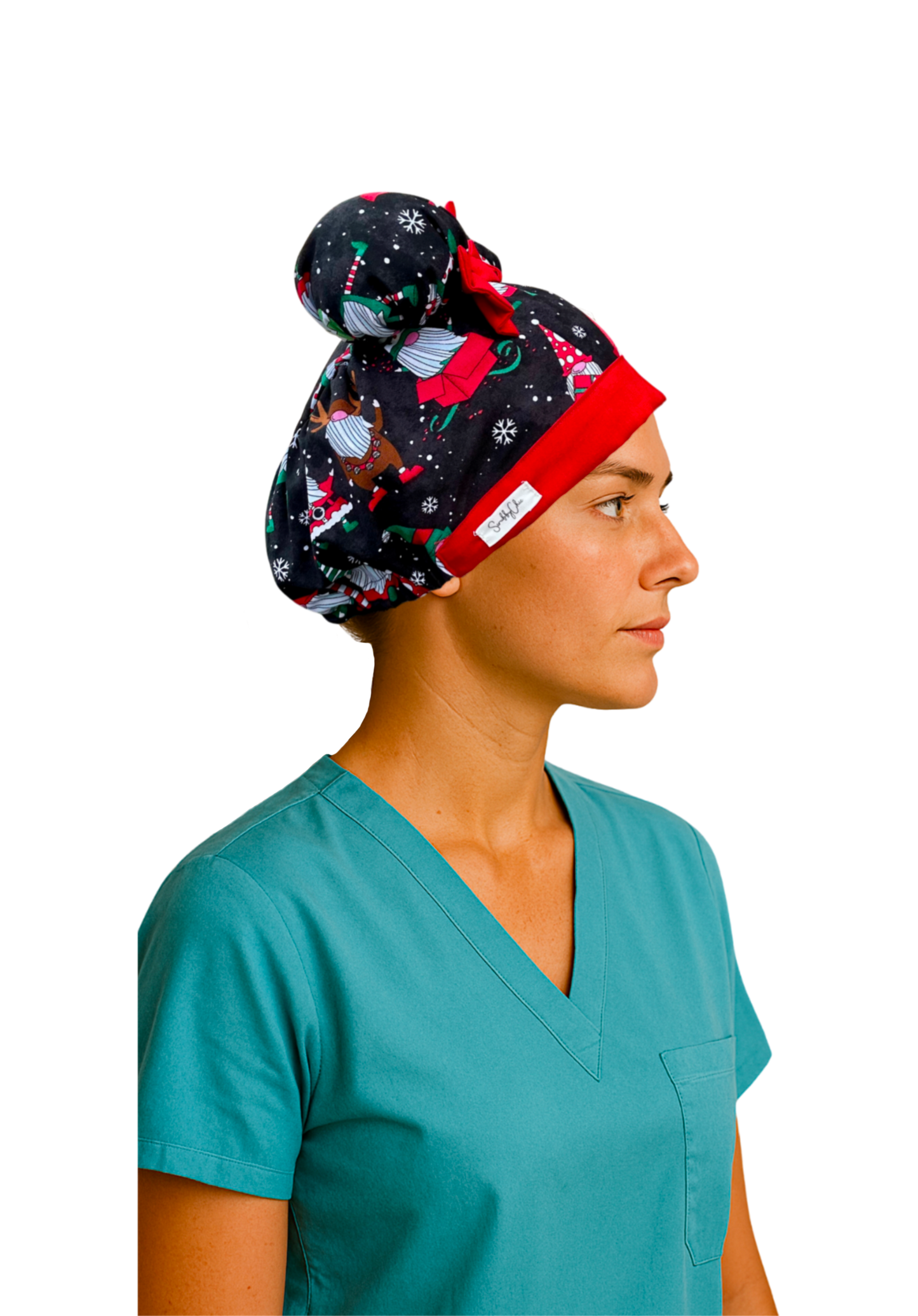 Gnome for the Holidays ScruBunz – Featuring Christmas Vibes Scrub Cap for Nurses with Cute Holiday Gnomes and Snowflakes