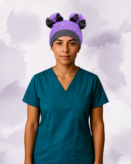 Spider Glam ScruBunz – Featuring Purple Halloween Vibes Scrub Cap for Nurses with Spooky Spiders and Webs