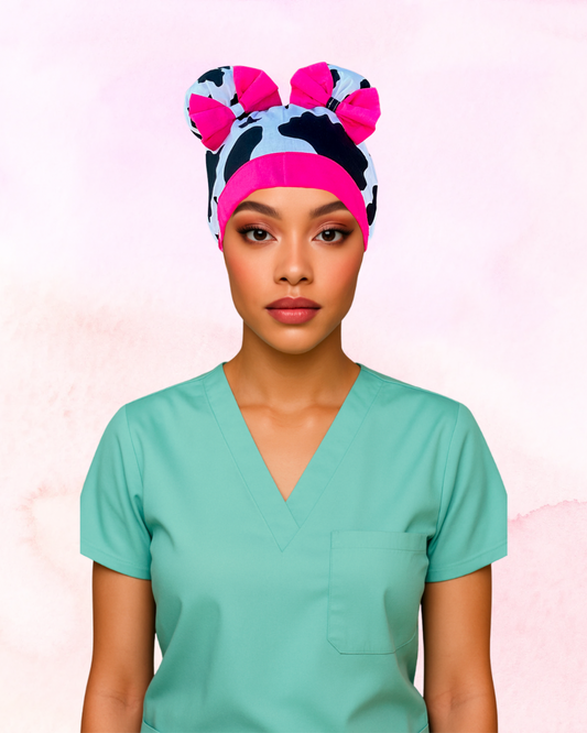 Udderly Glam ScruBunz – Handmade Cow Print Scrub Cap with Hot Pink Bows for Nurses