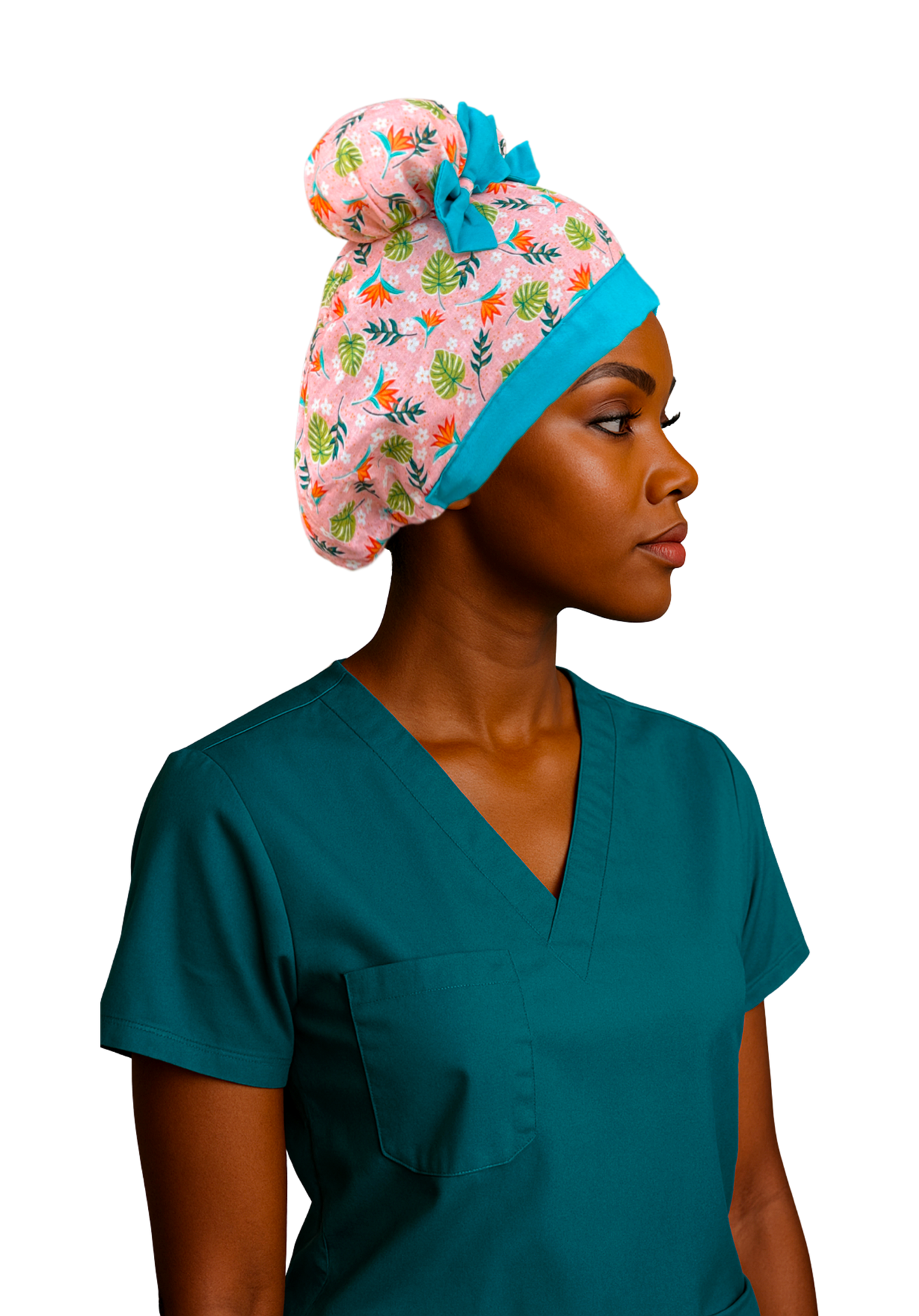 Peachy Paradise ScruBunz – Featuring Tropical Floral Scrub Cap for Nurses with Colorful Palm Leaves and a Coral Backgound
