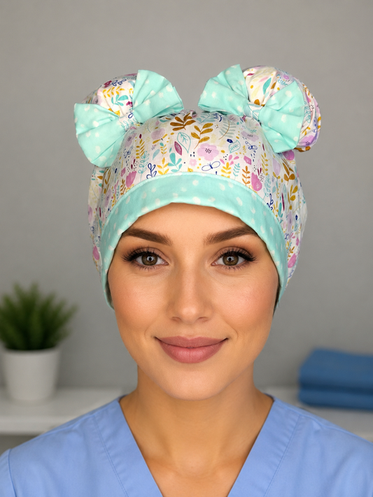 Mint to Be ScruBunz – Floral Double Bun Scrub Cap for Nurses with Mint Bow Detail