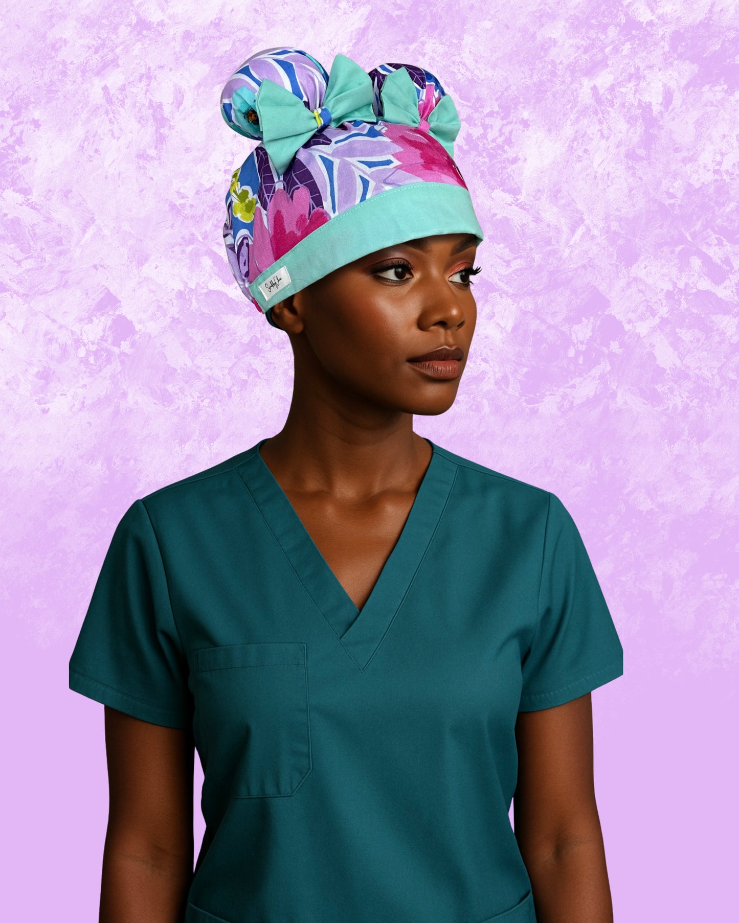 Bloom Bright ScruBunz – Vibrant Floral Scrub Cap for Nurses with Aqua Accents and Double Space Buns