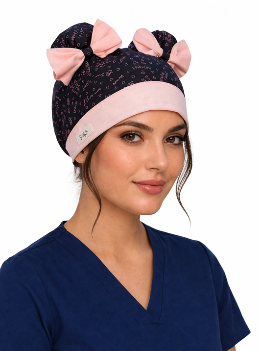 Heart Print Scrub Cap – Double Bun ScruBunz Blush Bow Scrub Cap – Double Bun ScruBunz | Cute Girly Nurse Hat, Pink & Black Feminine Surgical Cap, OR Cap for Women