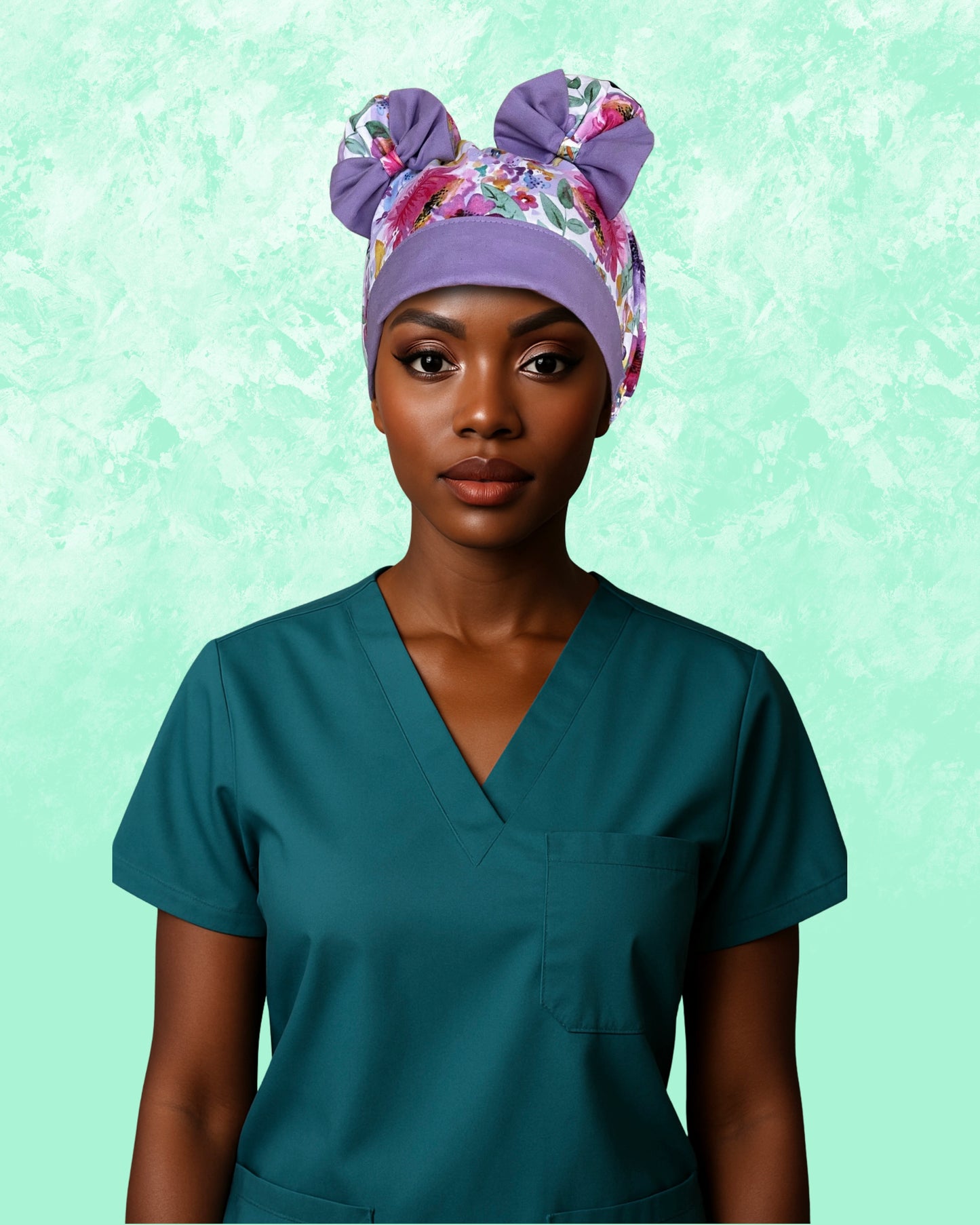 Lavender Bloom ScruBunz – Watercolor Floral Scrub Cap for Nurses with Lilac Accents and Double Space Buns