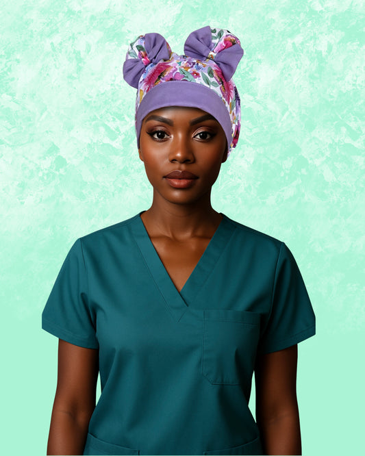 Lavender Bloom ScruBunz – Watercolor Floral Scrub Cap for Nurses with Lilac Accents and Double Space Buns