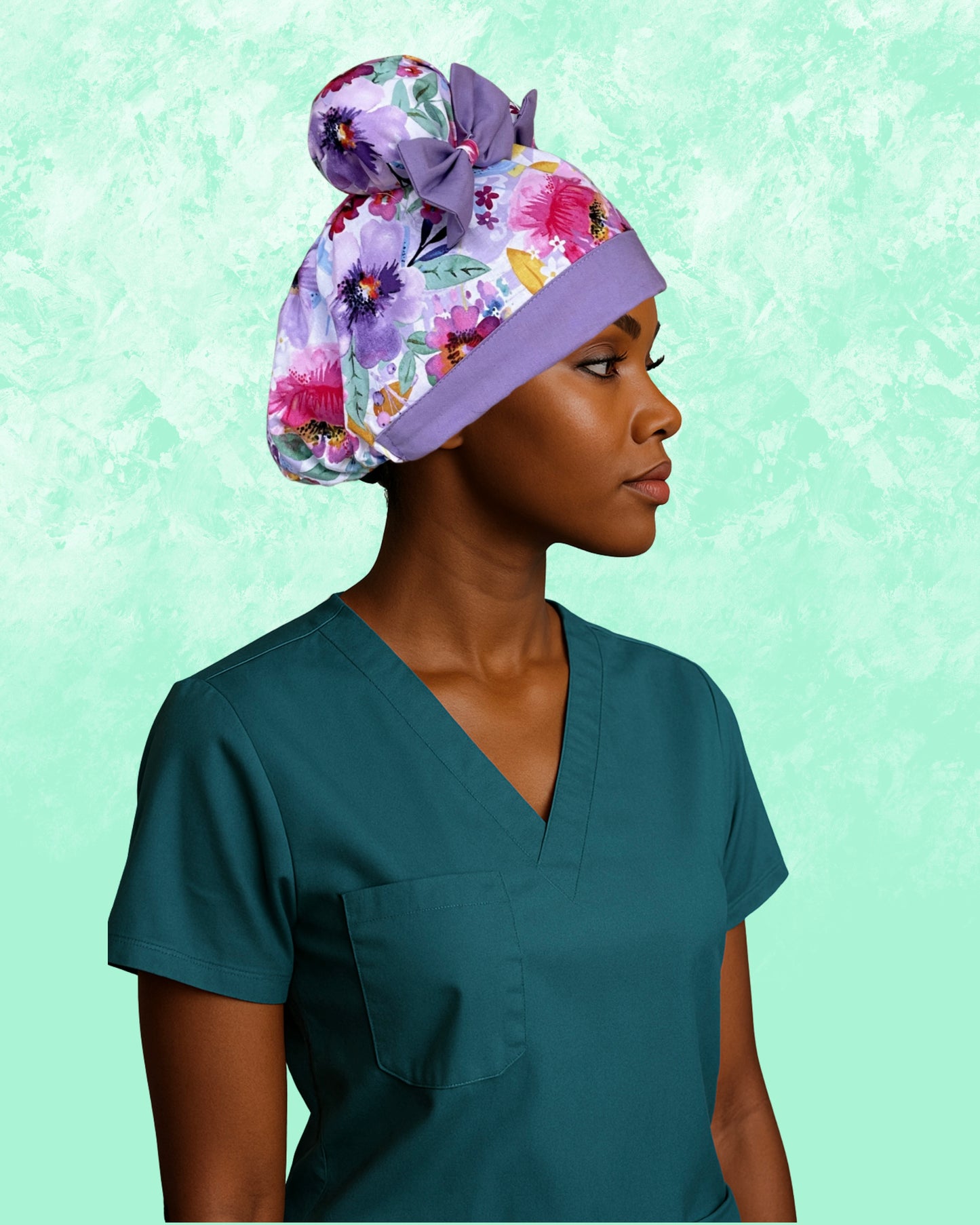 Lavender Bloom ScruBunz – Watercolor Floral Scrub Cap for Nurses with Lilac Accents and Double Space Buns