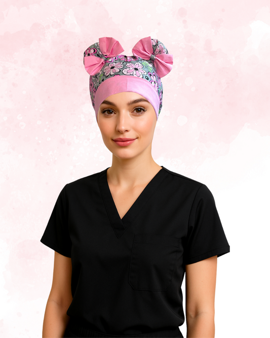 Flower Power ScruBunz – Featuring Pretty Pink Floral Scrub Cap for Nurses with Soft Gray Bakground