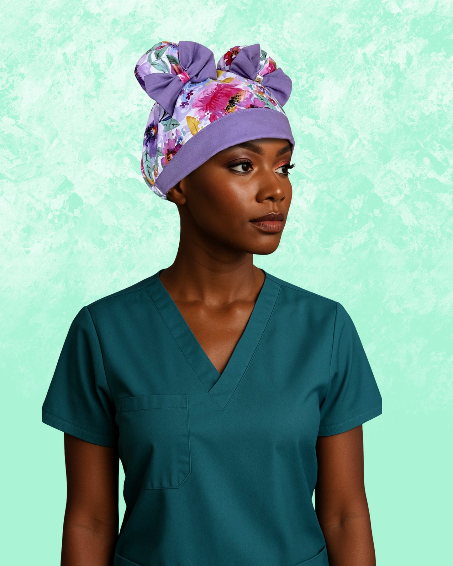 Lavender Bloom ScruBunz – Watercolor Floral Scrub Cap for Nurses with Lilac Accents and Double Space Buns