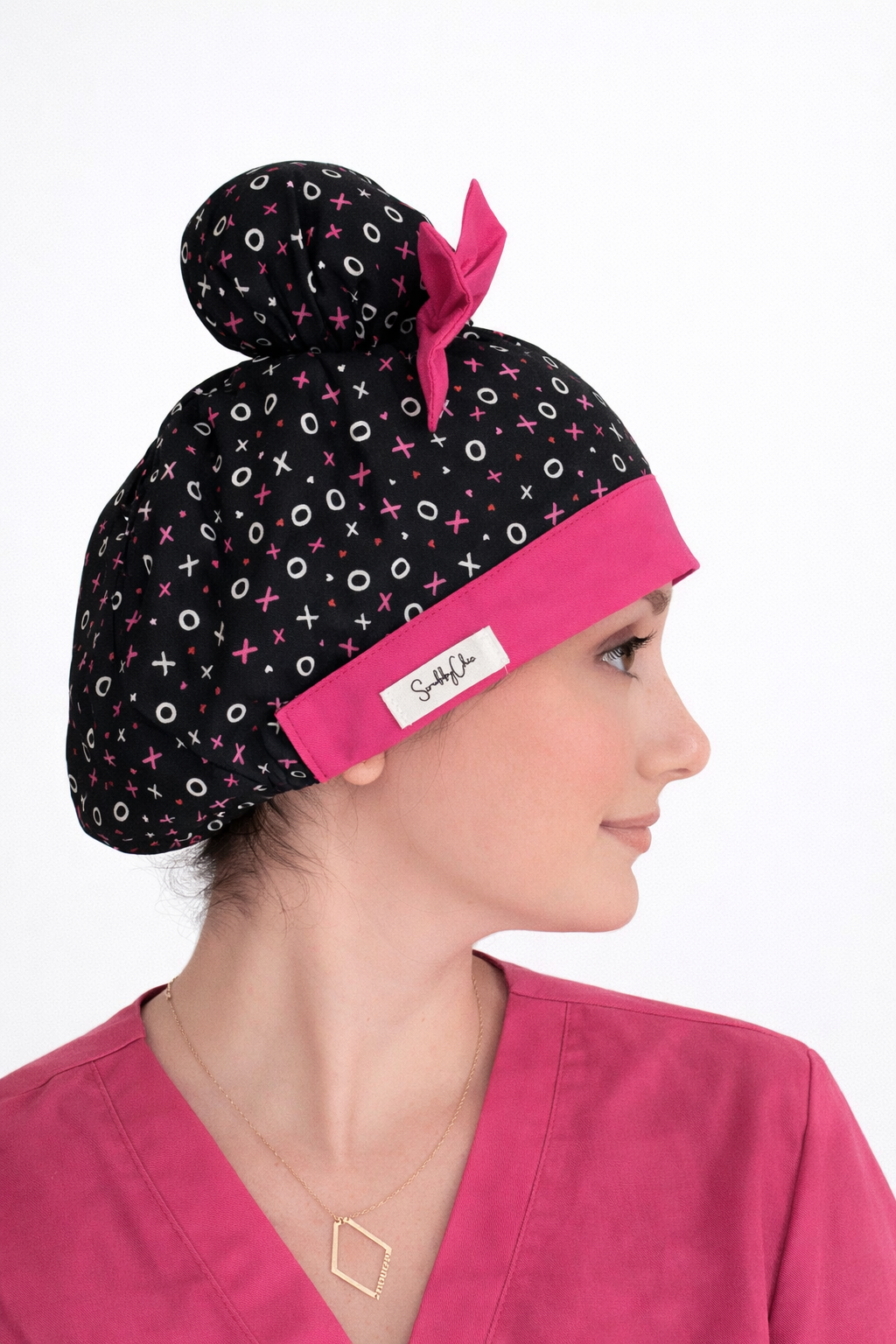 XOXO Scrub Cap – Double Bun ScruBunz | Cute Nurse Hat with Pink Bows, Handmade Surgical Cap, OR Cap for Women