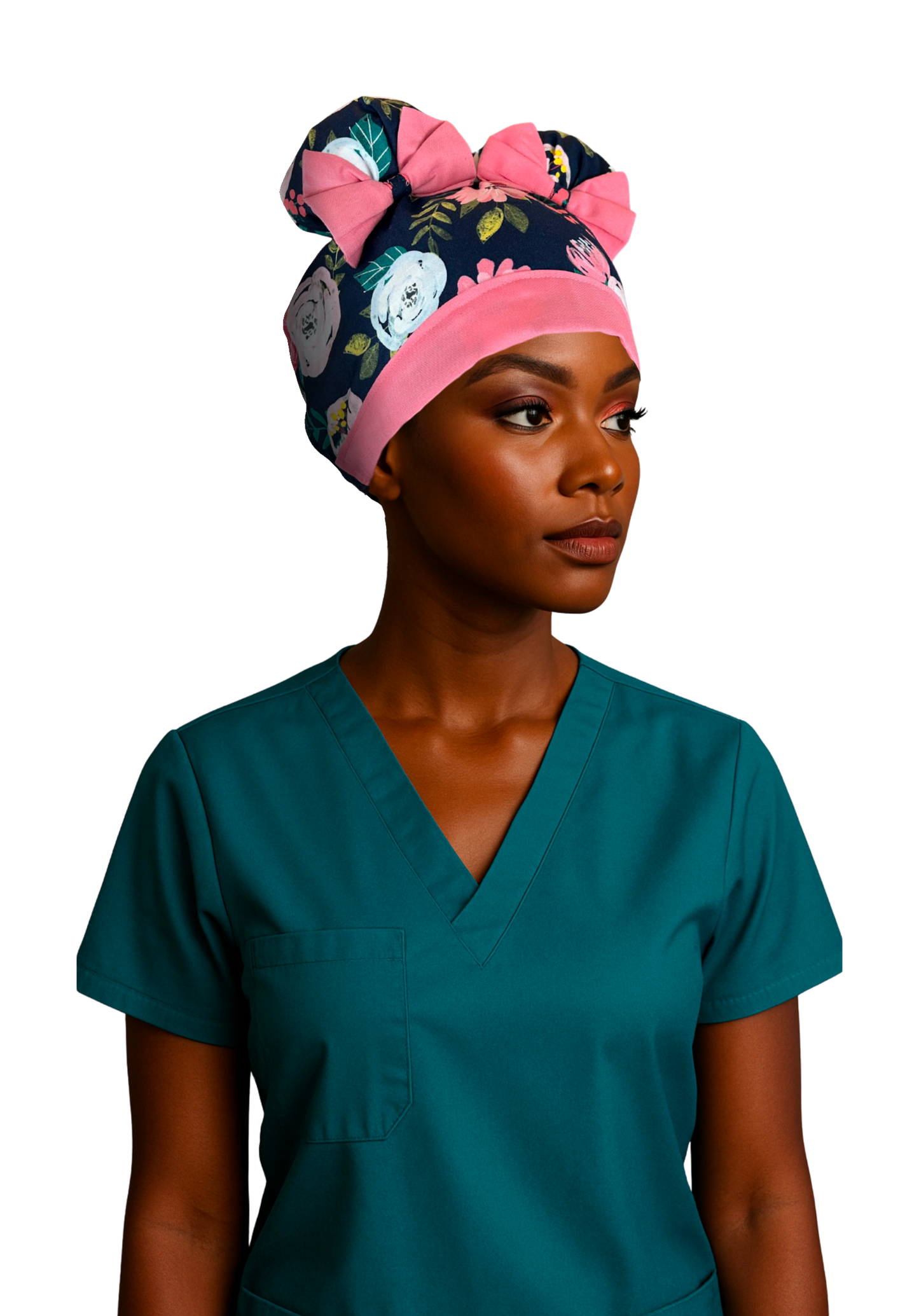 Midnight Bloom ScruBunz - featuring Soft Pink Watercolor Floral Print on navyblue background