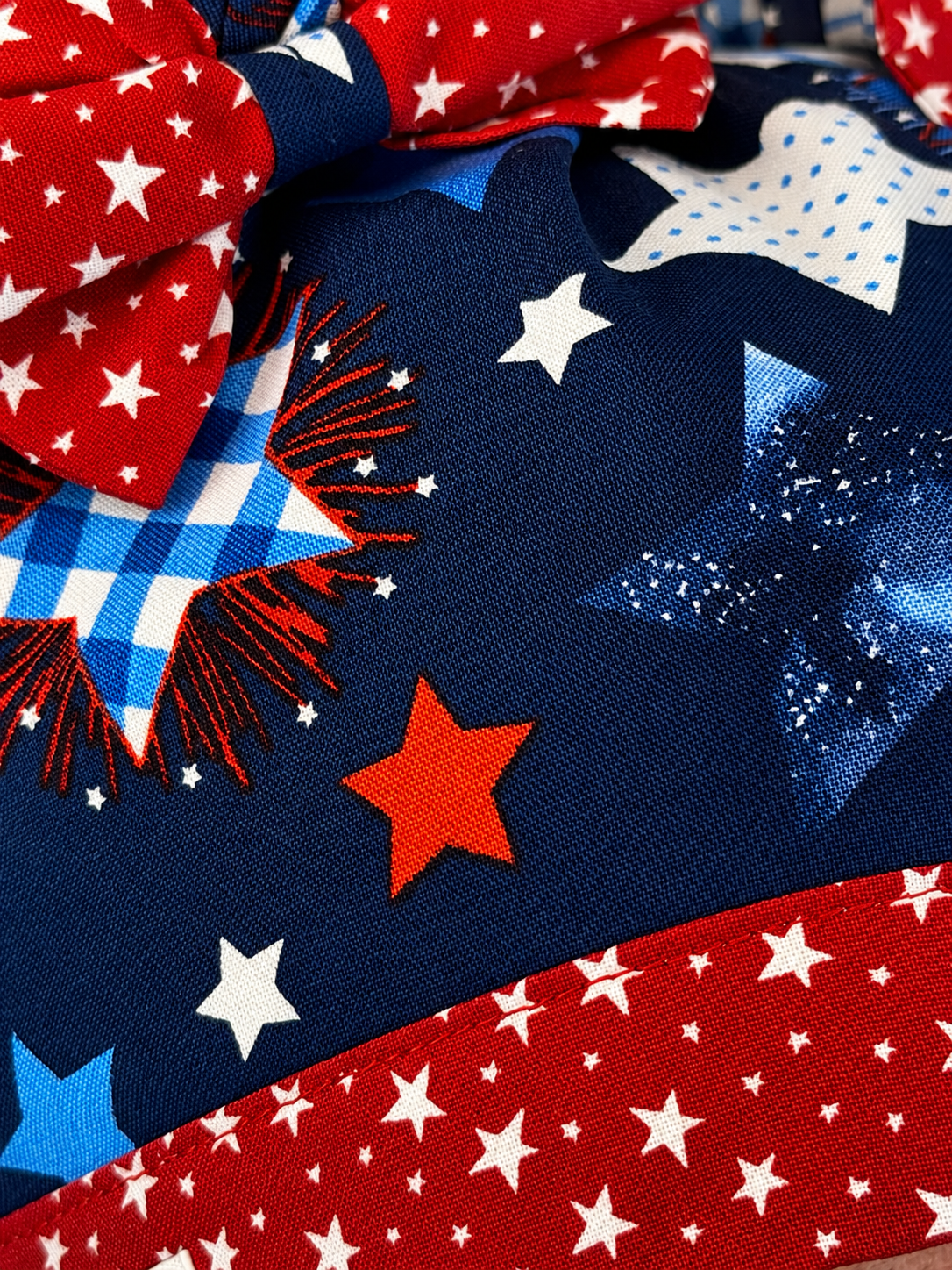 Star Spangled Sweetie ScruBunz – Patriotic Scrub Cap for Nurses with Removable Buns & Red White Blue Firework Print