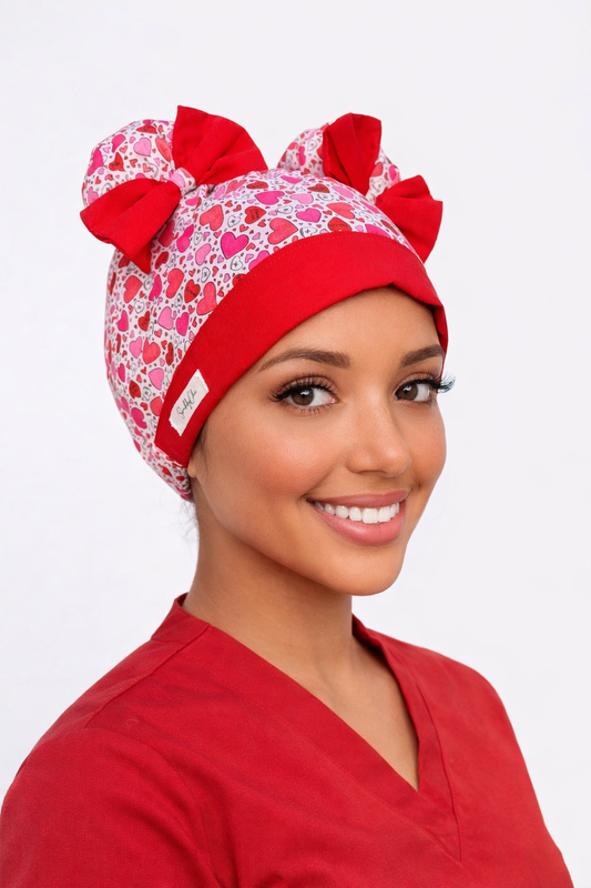 Heart Print Scrub Cap – Double Bun ScruBunz | Cute Girly Nurse Hat with Red Bows, Handmade Surgical Cap, OR Cap for Women