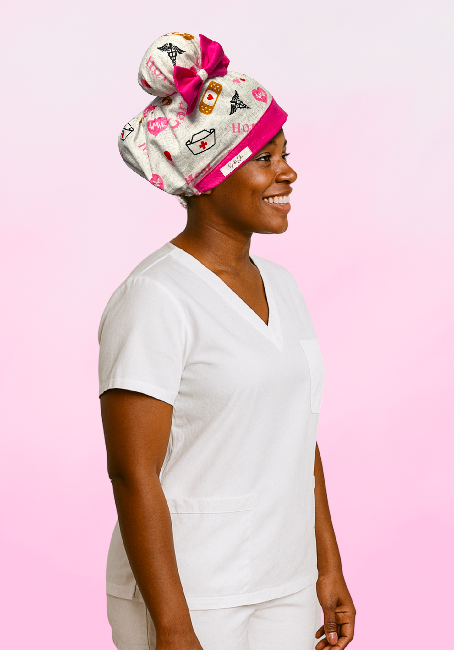 Healing Hearts ScruBunz – Medical Theme Scrub Cap with Nurse Icons & Pink Accents for Nurses