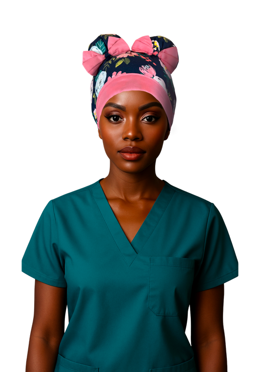 Midnight Bloom ScruBunz - featuring Soft Pink Watercolor Floral Print on navy blue background