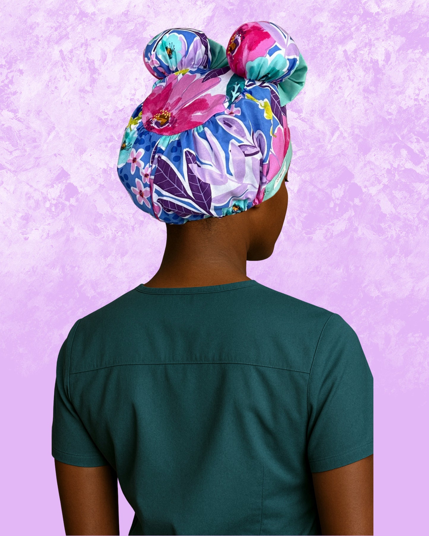 Bloom Bright ScruBunz – Vibrant Floral Scrub Cap for Nurses with Aqua Accents and Double Space Buns