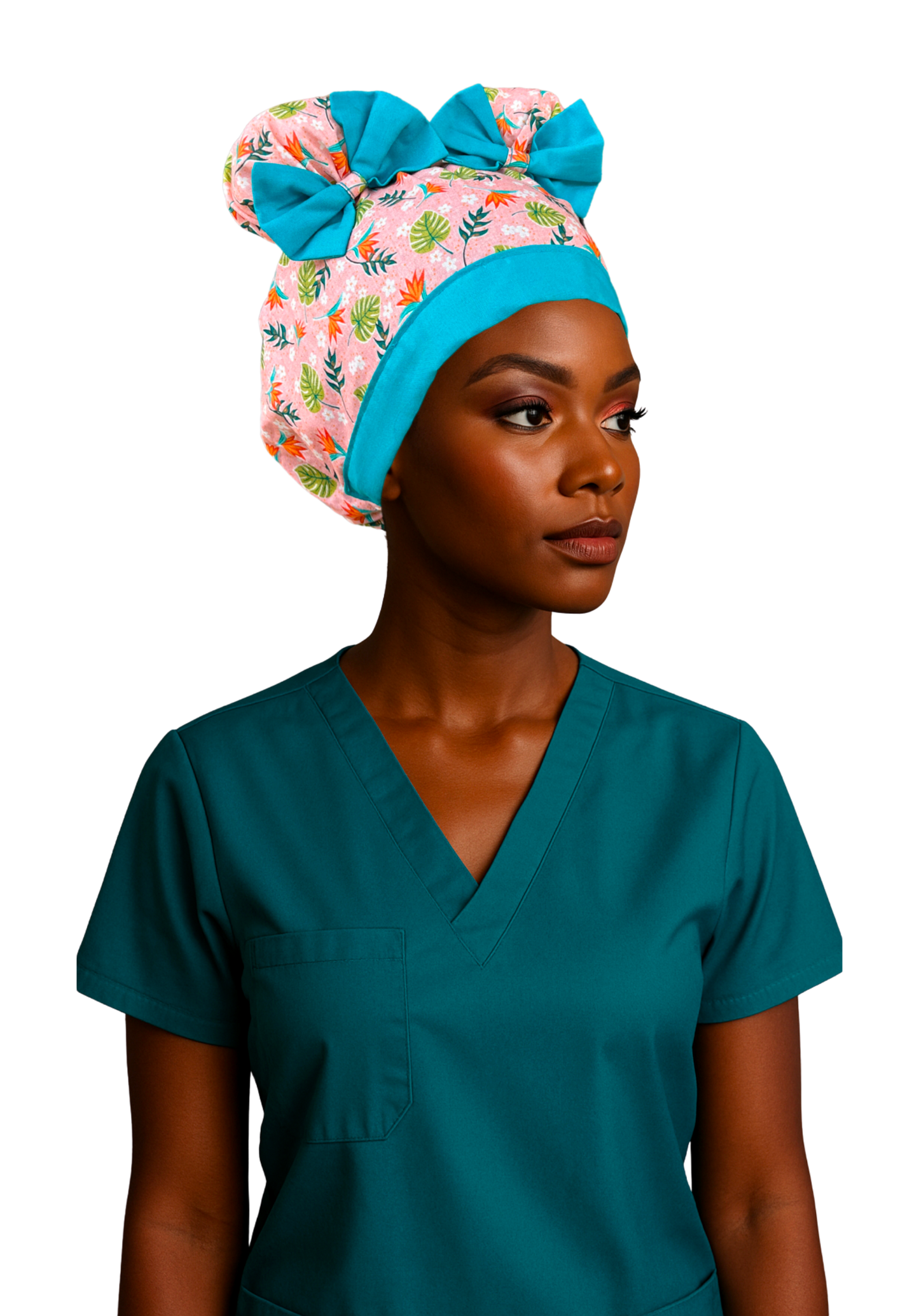 Peachy Paradise ScruBunz – Featuring Tropical Floral Scrub Cap for Nurses with Colorful Palm Leaves and a Coral Backgound